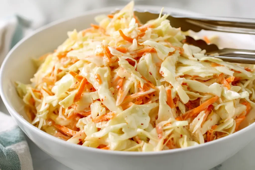 Apple cider vinegar coleslaw with dressing fully tossed in a white serving bowl.