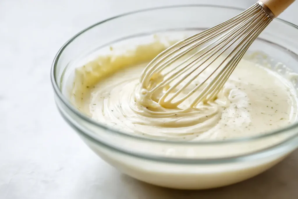 Whisking creamy apple cider vinegar coleslaw dressing in a glass bowl.