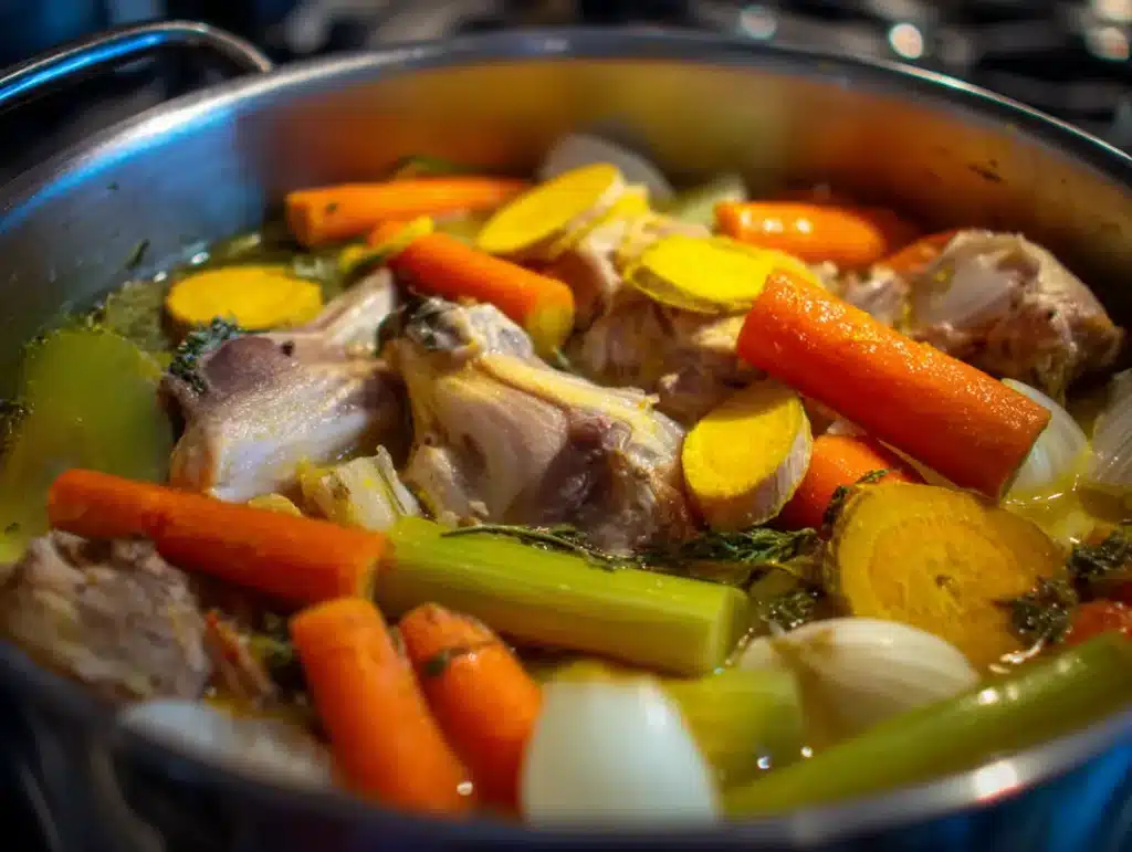 Zoomed in view of aromatics in a pot for bone broth turmeric ginger