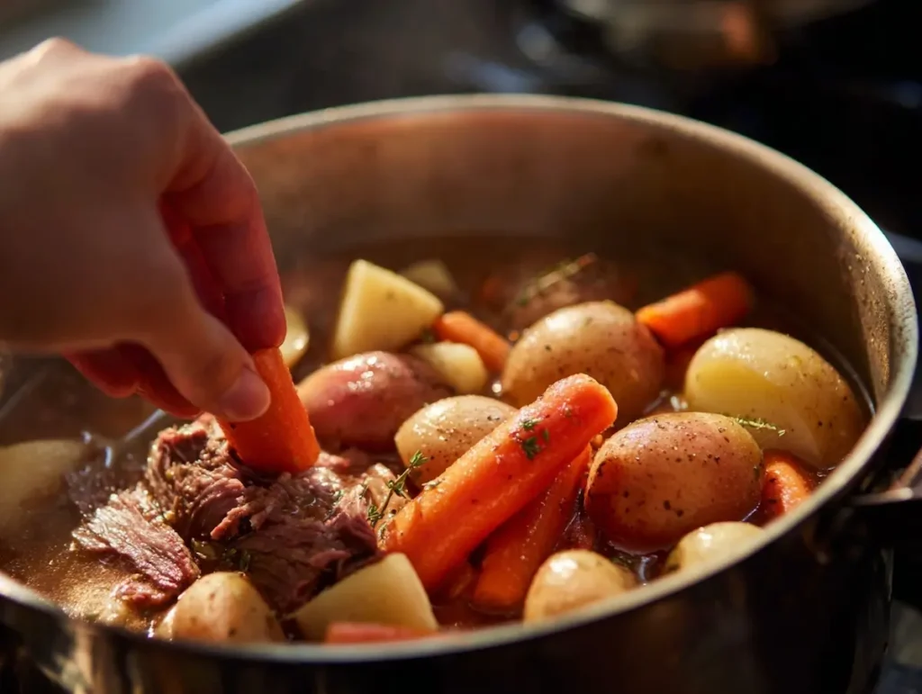 carrots and potatoes added to corned beef and cabbage pot