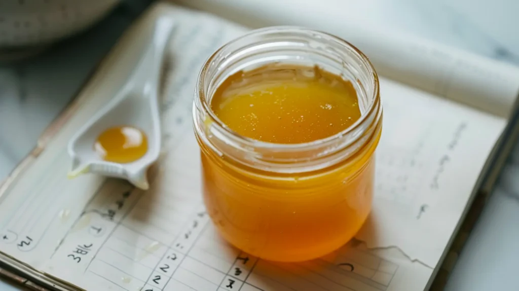 Asian honey protocol recipe jar beside a handwritten daily tracking journal showing 14 days of brain health testing results