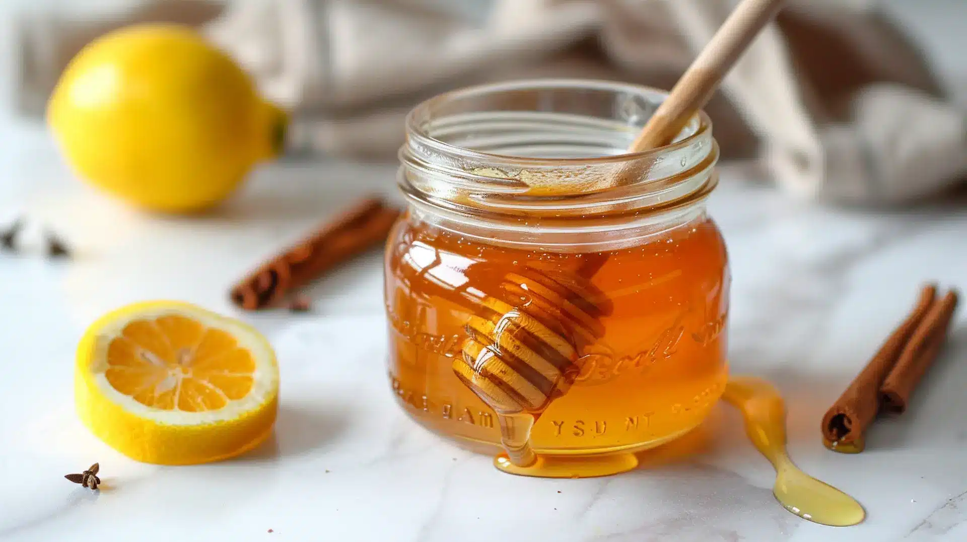 Asian honey protocol recipe in open glass jar with turmeric honey blend, honey dipper, lemon and cinnamon on white marble
