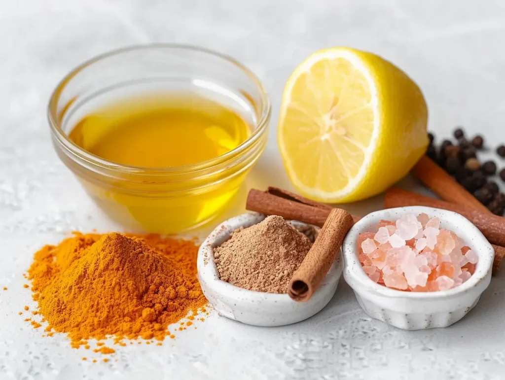 Six ingredients of the Asian honey protocol recipe: raw honey, turmeric, cinnamon, lemon, black pepper, Himalayan salt on white ceramic