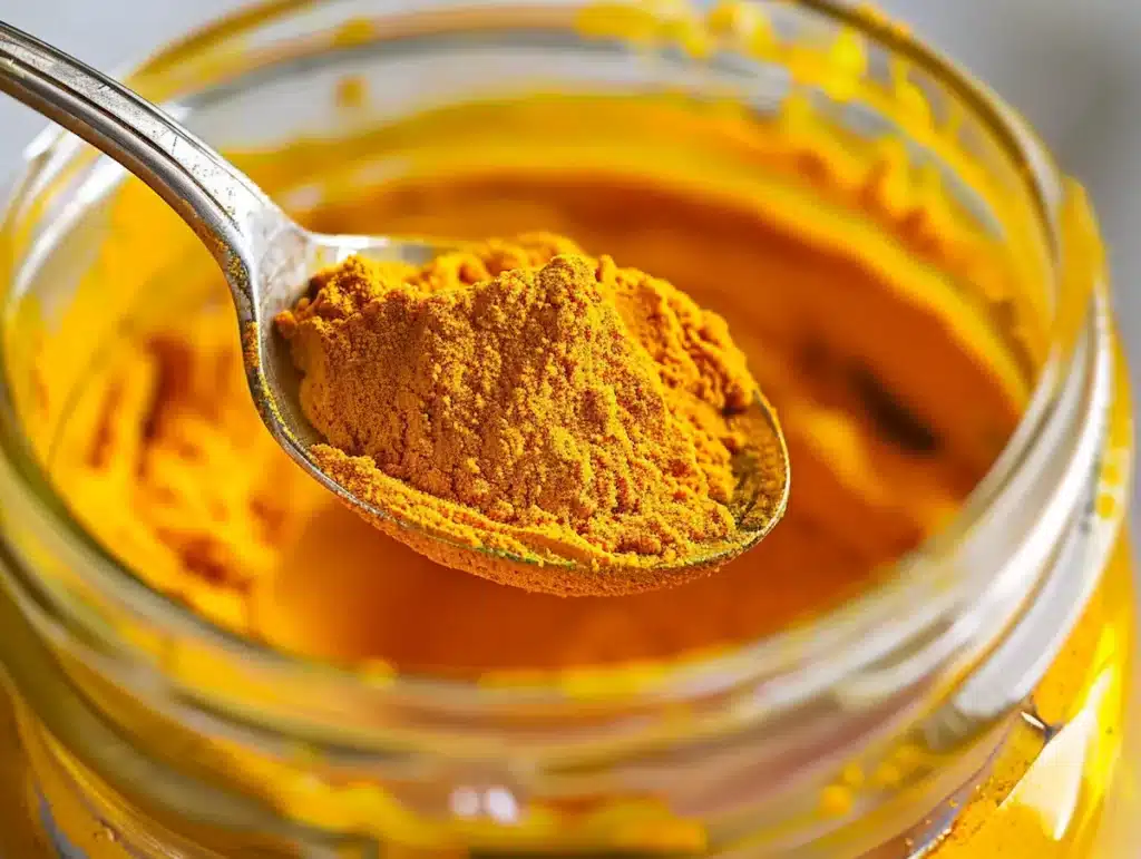 Folding turmeric powder into raw honey inside a glass jar showing swirling orange streaks for the Asian honey protocol recipe