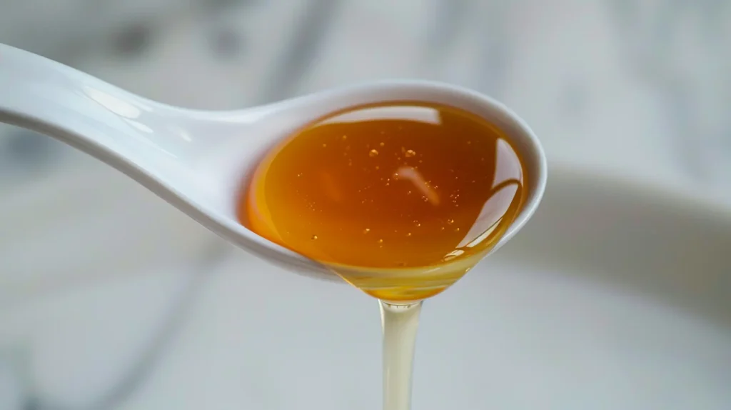 One teaspoon of the Asian honey protocol recipe honey blend showing the exact daily dose with honey dripping