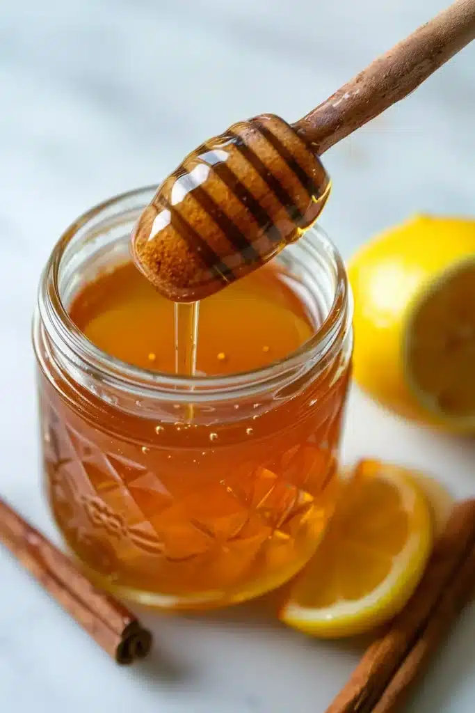 Asian honey protocol recipe glass jar with honey dipper dripping golden honey, fresh lemon and cinnamon on white marble