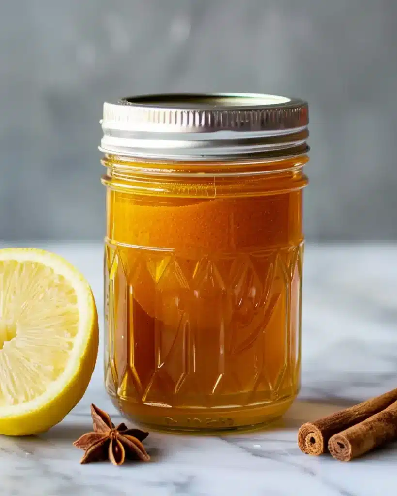 Sealed glass jar of the finished Asian honey protocol recipe blend showing deep golden amber turmeric honey ready to rest 24 hours