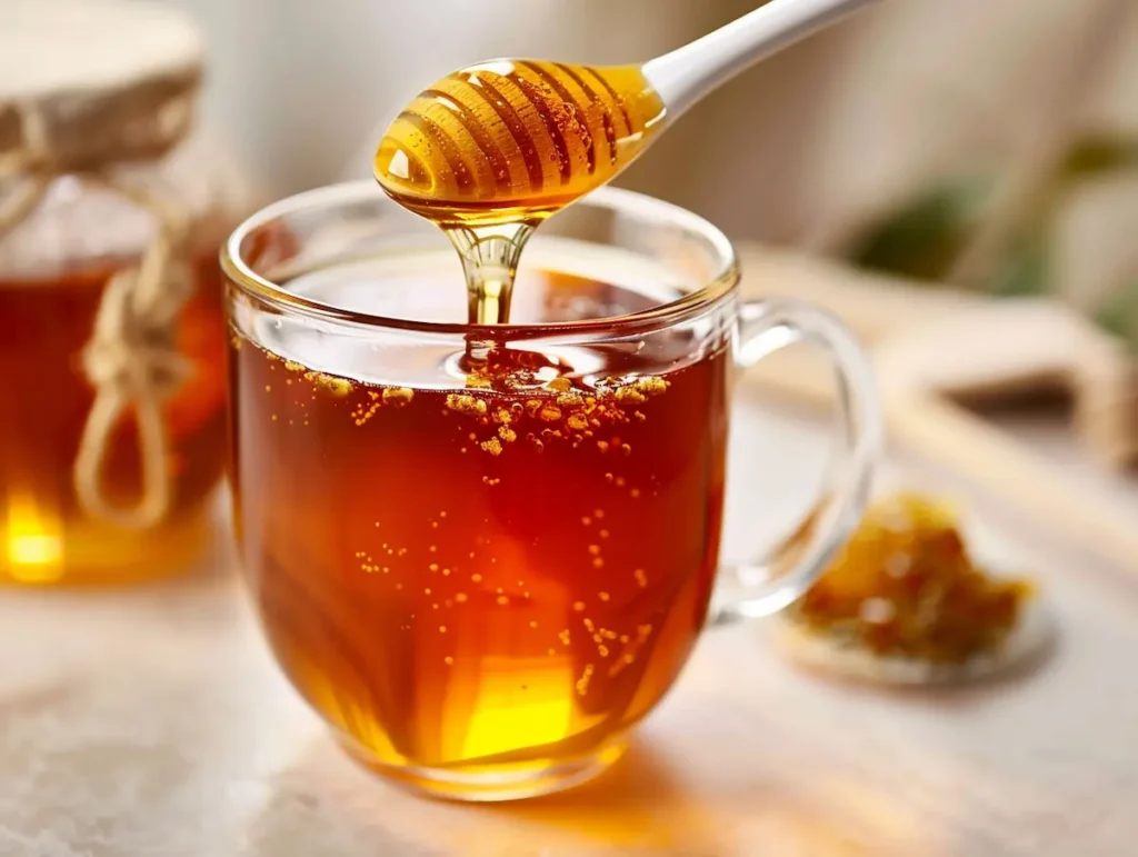 Asian honey protocol recipe blend being stirred into warm amber herbal tea in a clear glass mug showing golden swirls