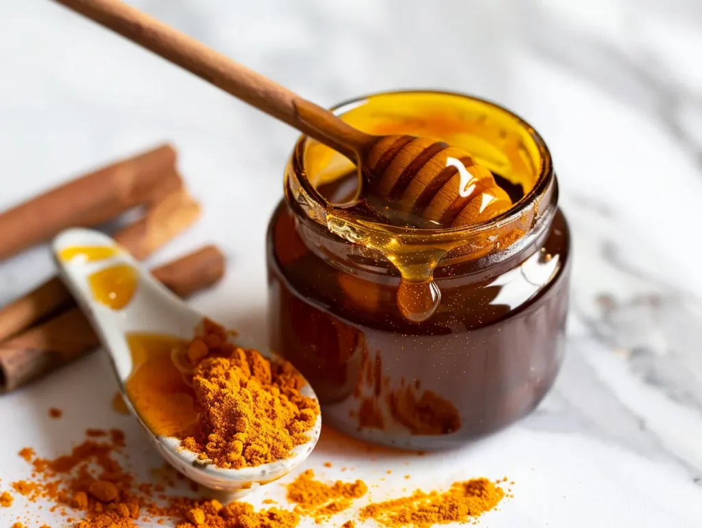 Tualang honey dripping off a ceramic spoon beside turmeric and cinnamon for the tualang upgrade variation of the Asian honey protocol recipe