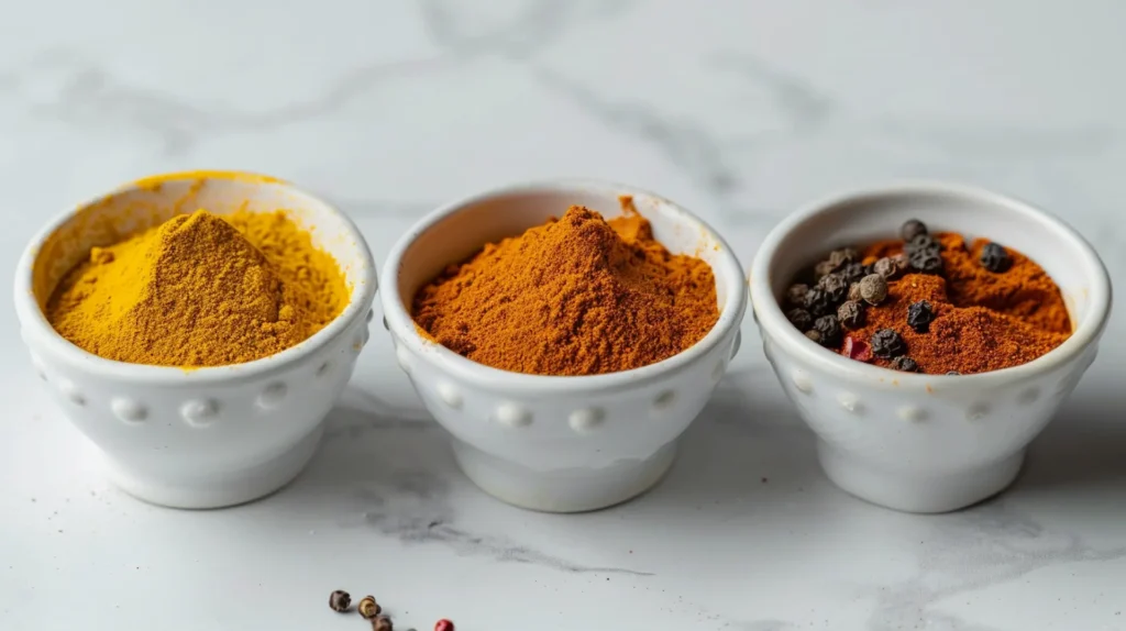 Three white ceramic bowls containing turmeric, cinnamon and black pepper showing the science ingredients of the Asian honey protocol recipe