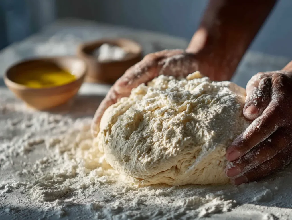 Soft bakshalu dough being kneaded on a floured surface