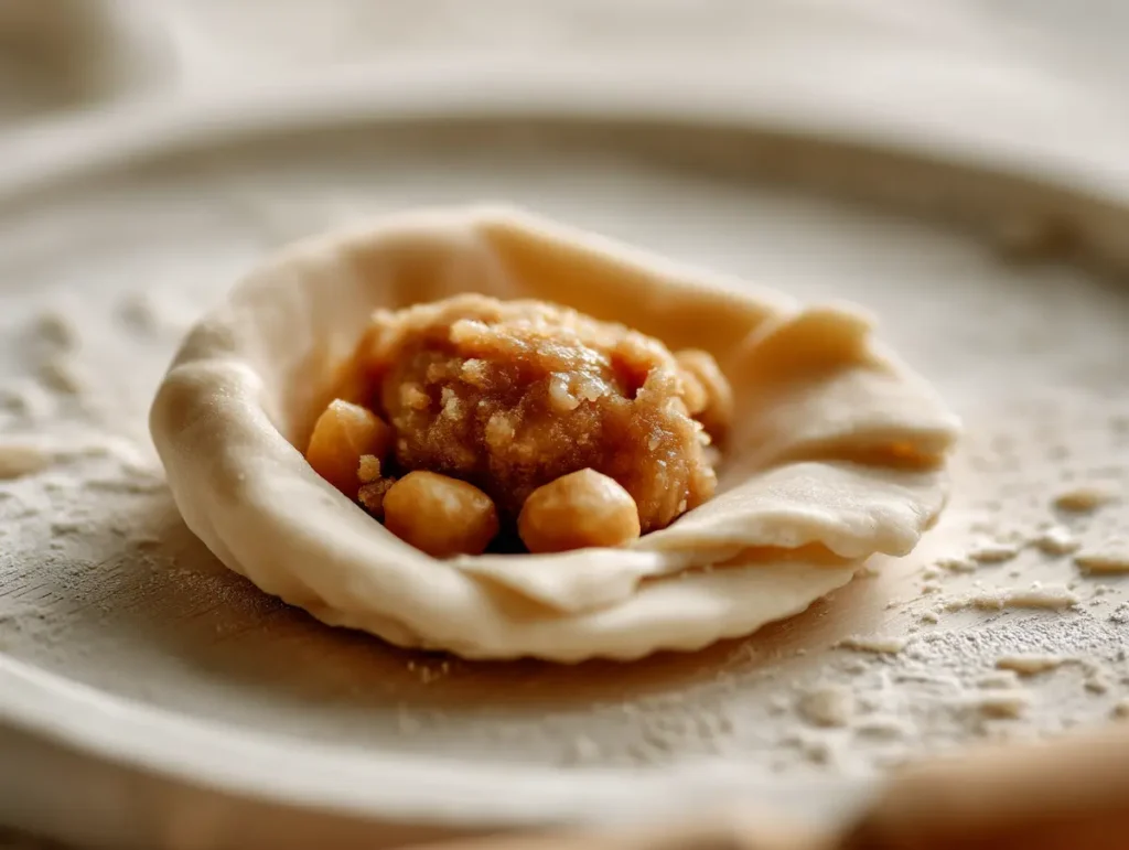 Bakshalu dough disc with chana dal jaggery filling ball in the center