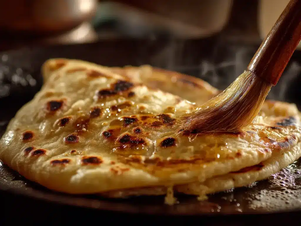 Bakshalu cooking on a hot tawa with ghee brushed on top