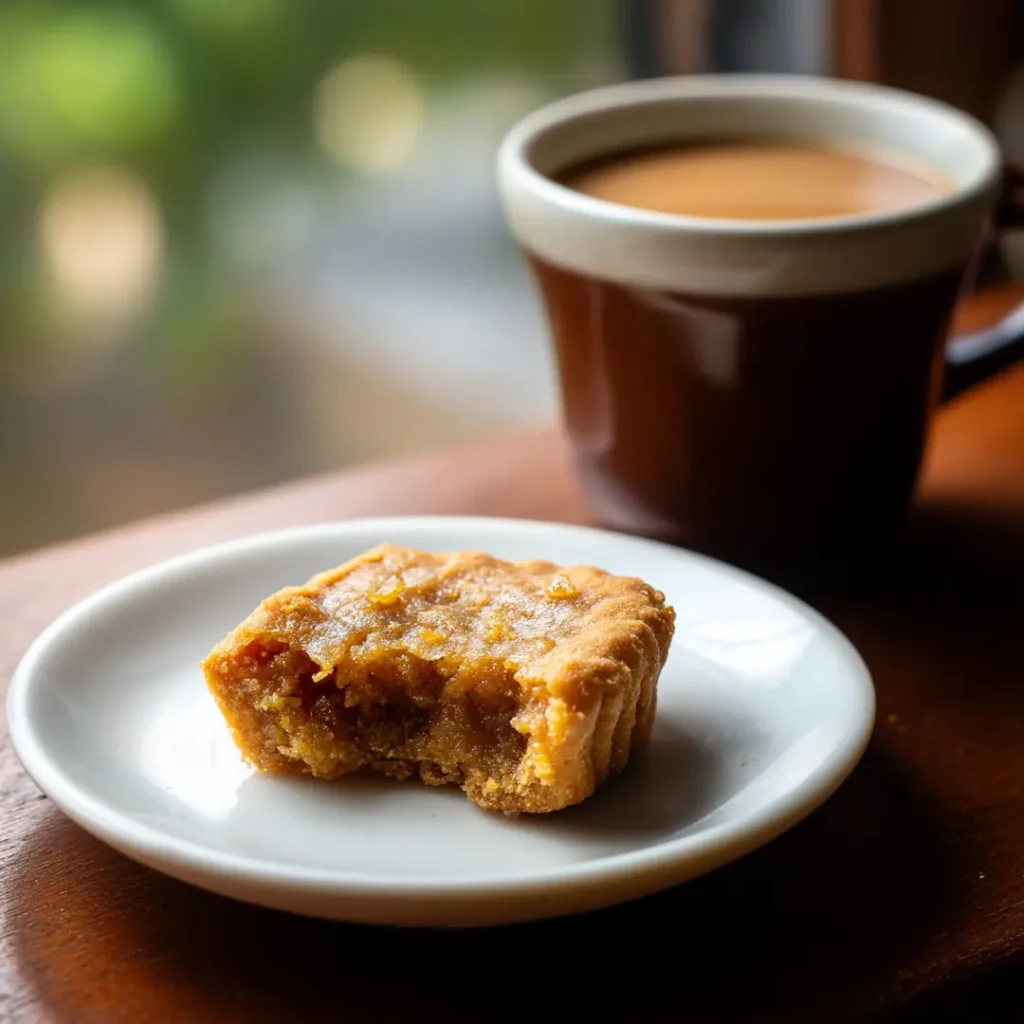 Single bakshalu with a bite taken served with chai