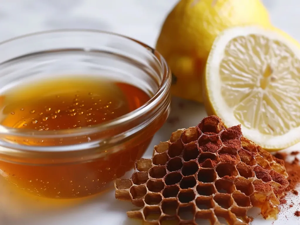 Three ingredients of the ben carson honey recipe: raw honey in glass bowl, ground cinnamon powder and halved fresh lemon on white ceramic