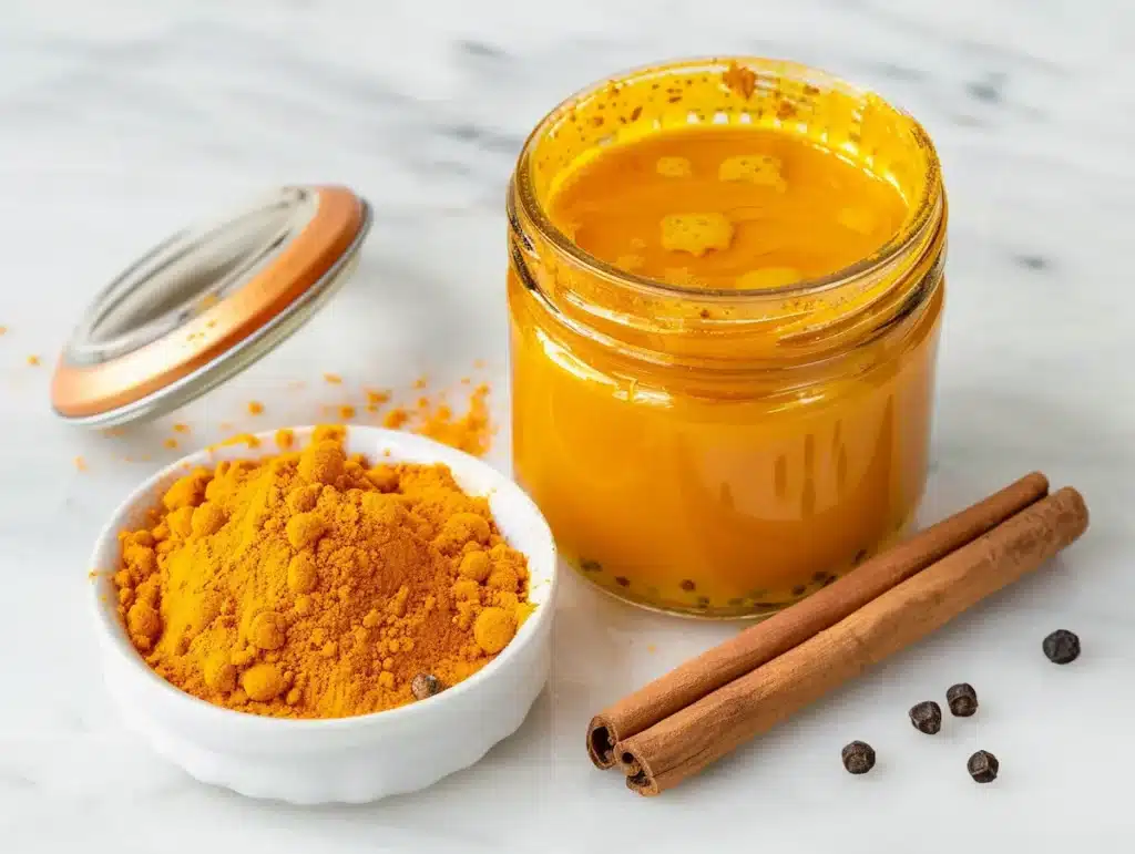 Ben carson asian honey protocol variation showing turmeric-gold honey blend in glass jar with turmeric powder cinnamon and pepper on white marble