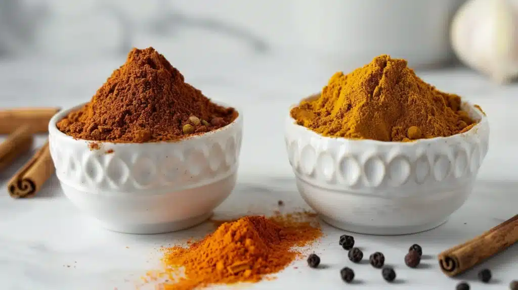 Two white ceramic bowls with cinnamon and turmeric powder and black pepper showing the science spices of the ben carson honey recipe