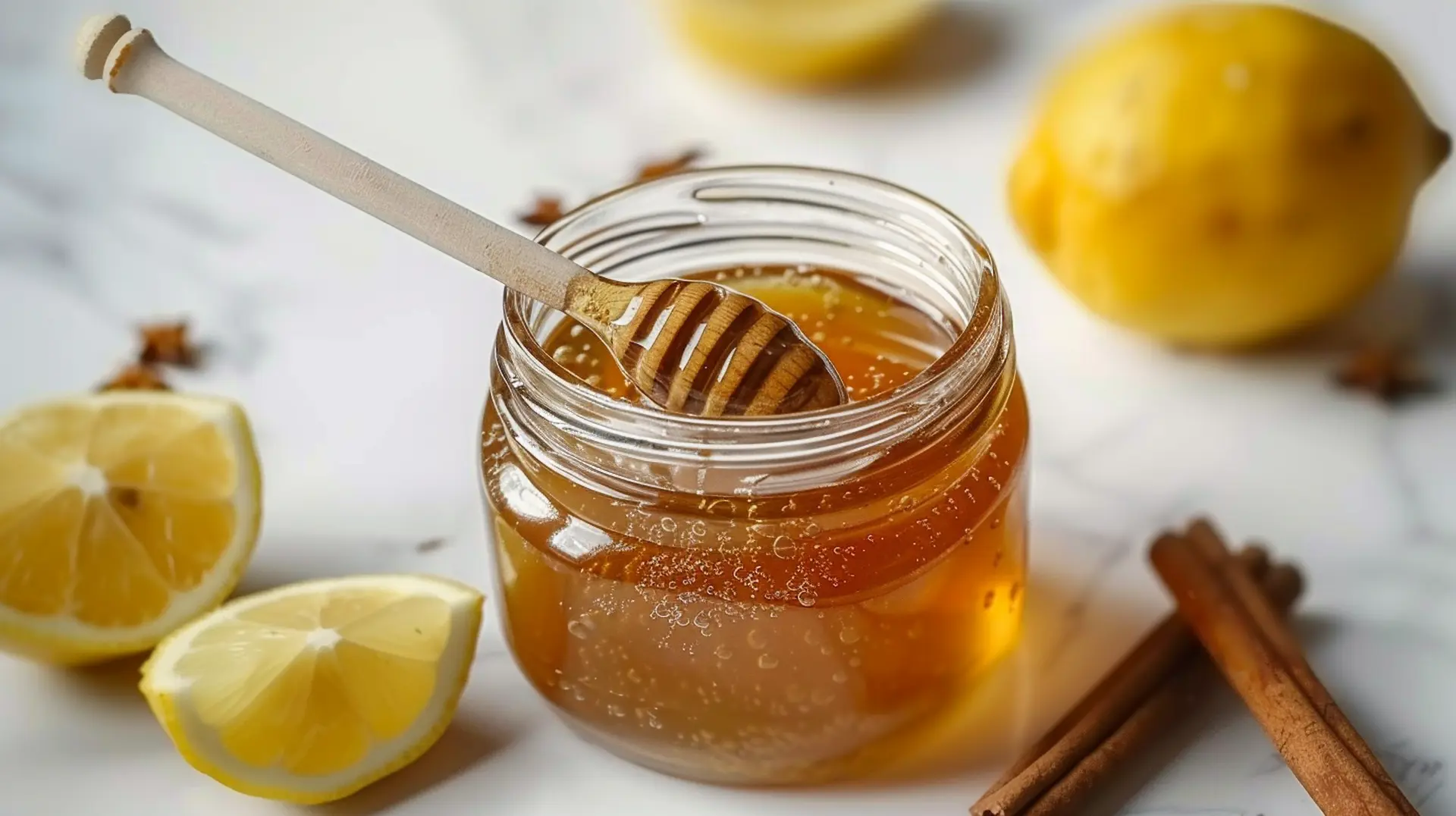 Ben carson honey recipe in open glass jar showing warm amber cinnamon honey blend with honey dipper and lemon on white marble