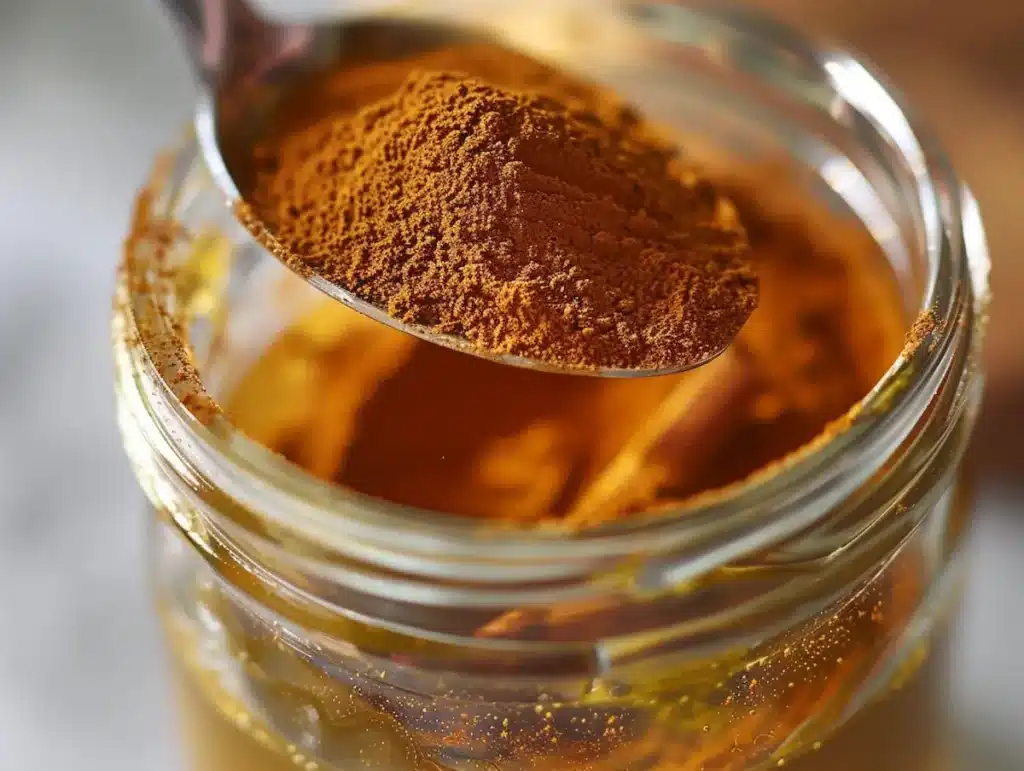 Folding ground cinnamon into raw honey in a glass jar showing warm brown swirling streaks for the ben carson honey recipe