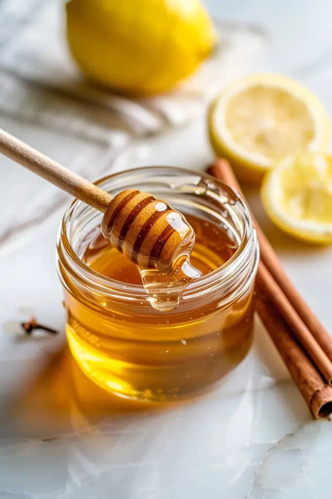 Ben carson honey recipe glass jar with honey dipper dripping warm amber cinnamon honey, fresh lemon and cinnamon stick on white marble