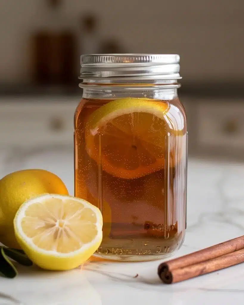 Sealed glass jar of the finished ben carson honey recipe showing deep golden amber cinnamon honey blend ready to rest 24 hours