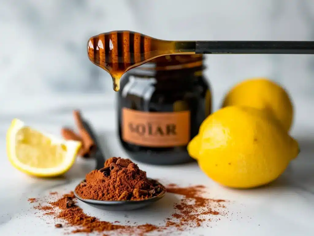 Sidr honey dripping off ceramic spoon with cinnamon and lemon for the premium sidr honey variation of the ben carson honey recipe