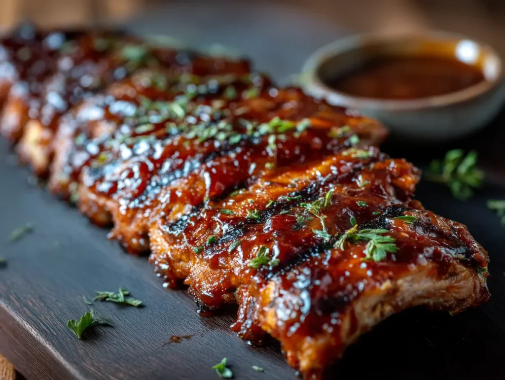 Best barbecue ribs ever with sticky caramelized BBQ glaze on a dark cutting board