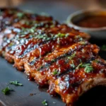 Best barbecue ribs ever with sticky caramelized BBQ glaze on a dark cutting board