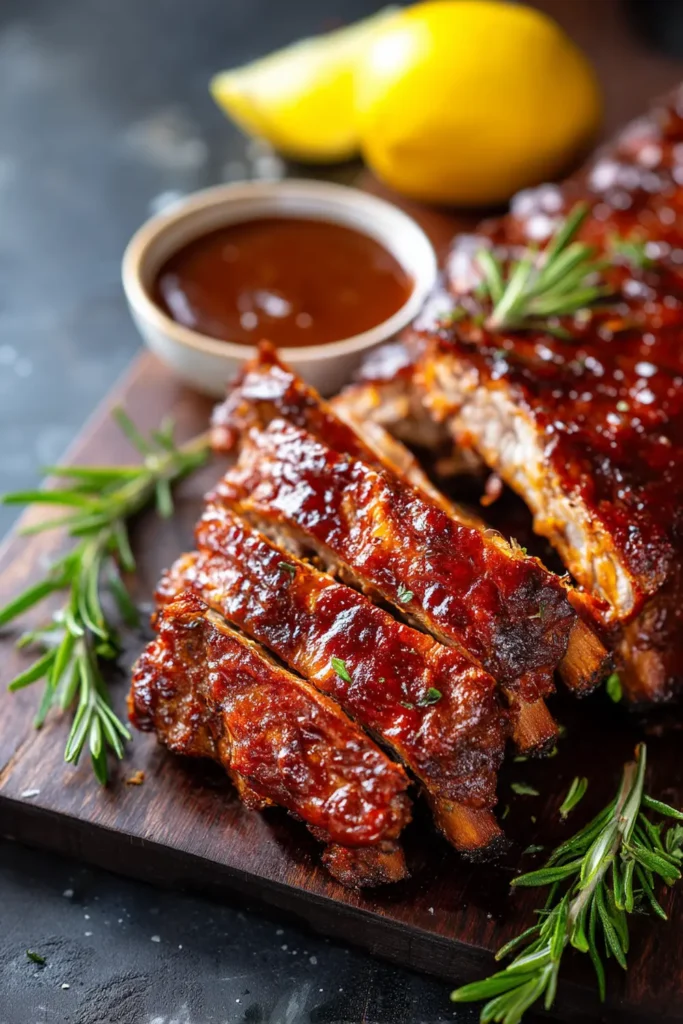 Full rack of glazed baby back ribs sliced on a dark board with BBQ sauce bowl styled for Pinterest