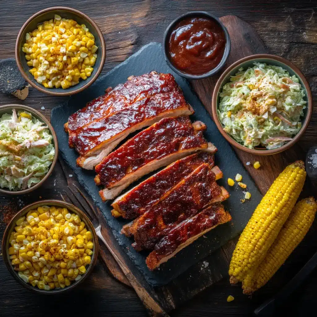 BBQ dinner table spread with best barbecue ribs ever coleslaw baked beans and corn on the cob