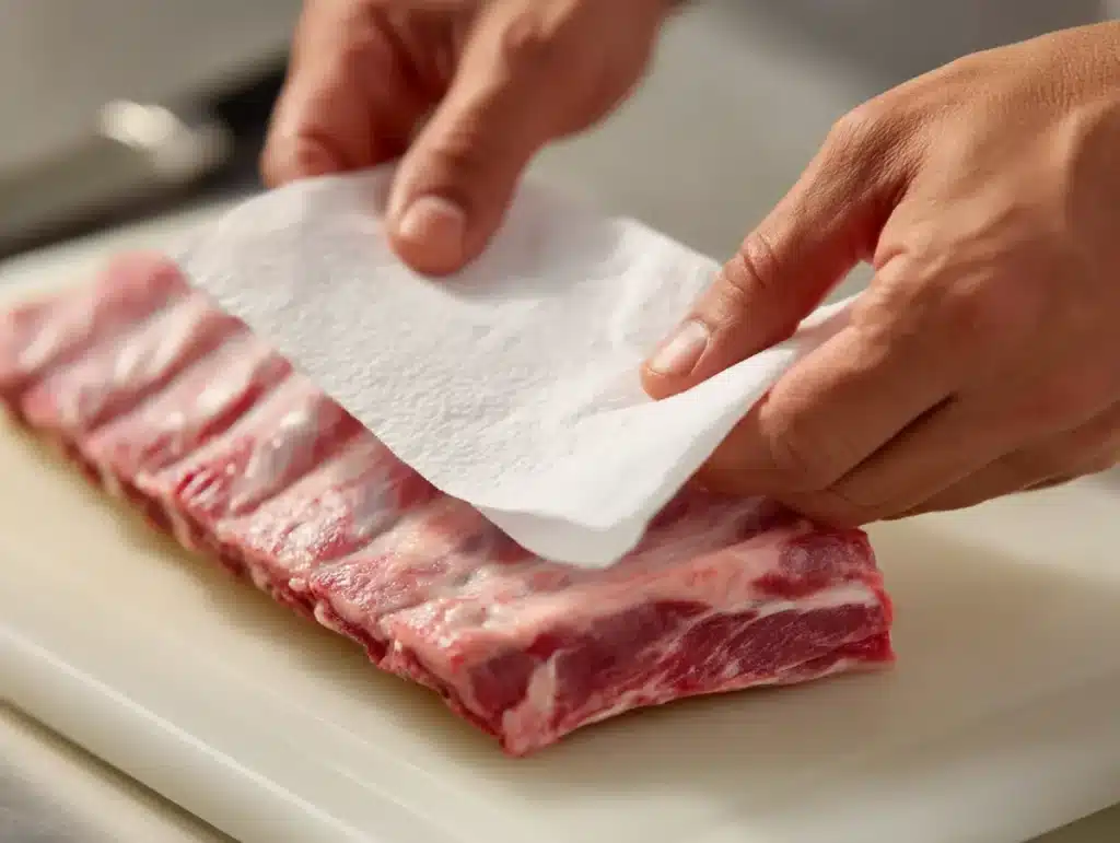 Hands pulling membrane off the back of a raw baby back rib rack on a white cutting board 