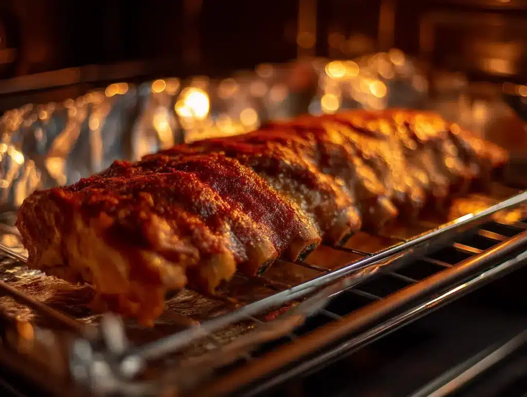 Baby back ribs on a wire rack in a home oven with loose foil tent for low and slow cooking at 275 degrees
