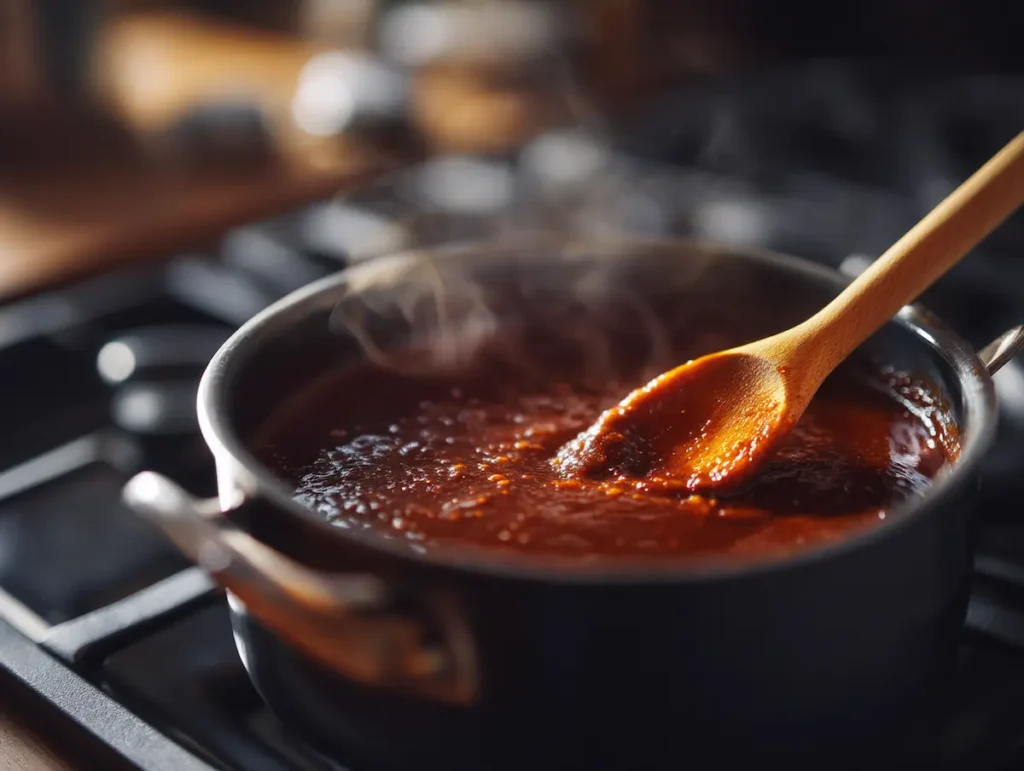 Homemade BBQ glaze simmering in a small saucepan on a gas stove for best barbecue ribs ever
