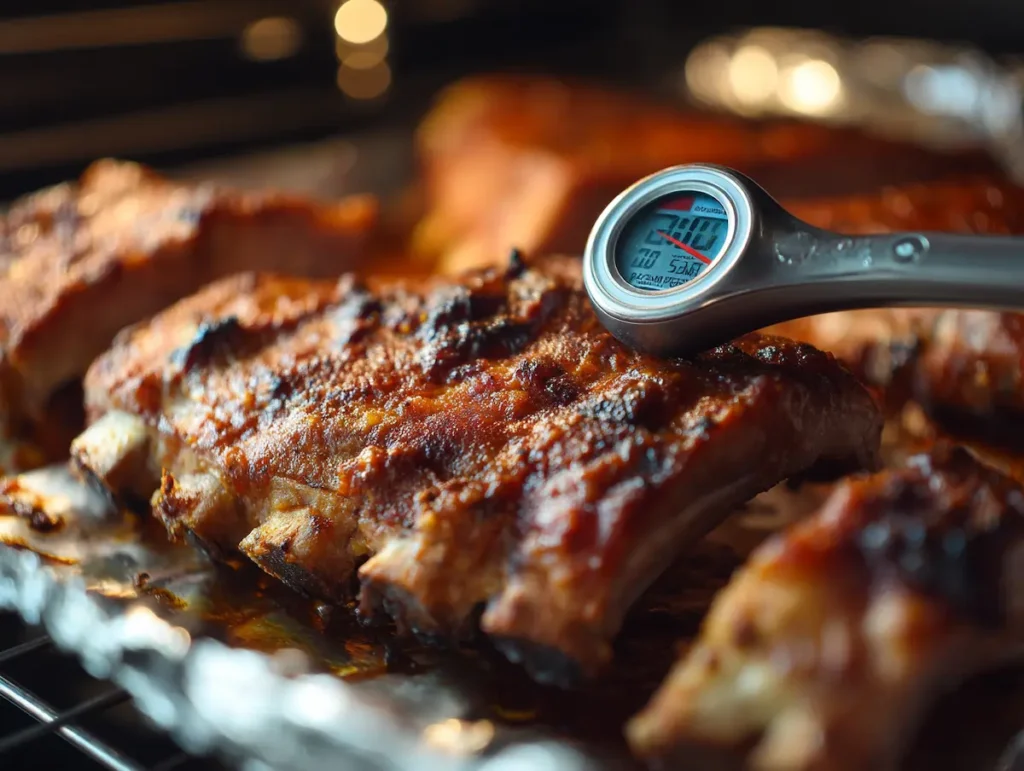 Instant-read thermometer checking internal temperature of baby back ribs on a baking pan