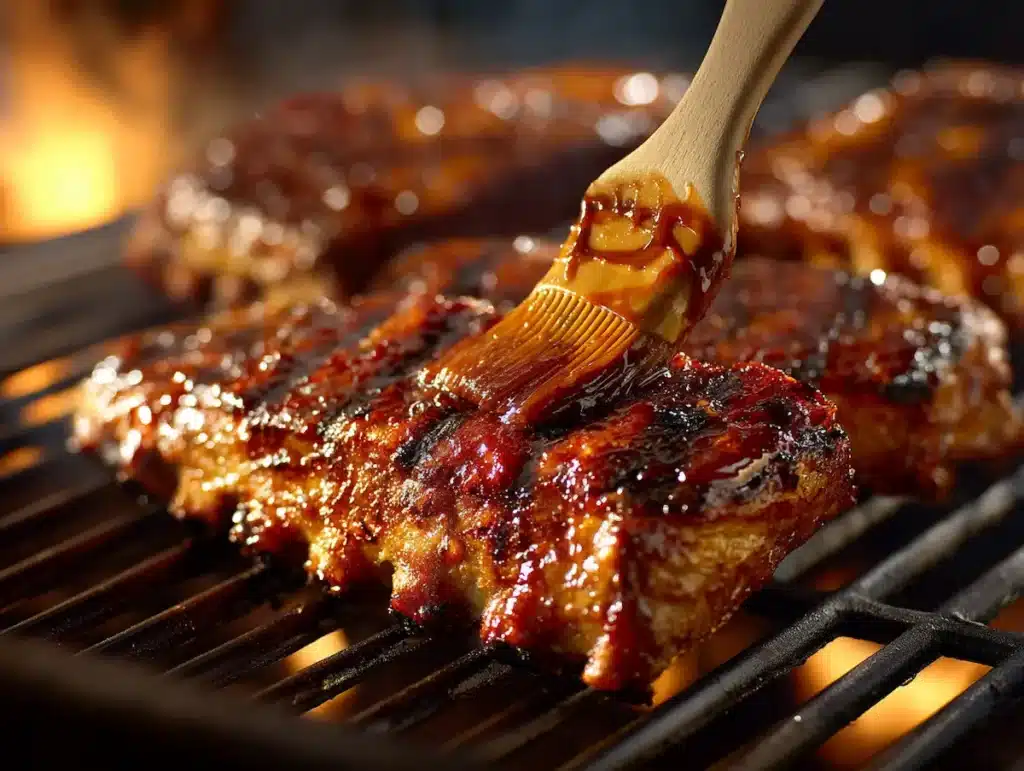 Baby back ribs on hot grill grates with BBQ glaze being brushed on showing caramelized char marks
