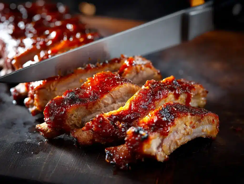 Chef knife slicing between glazed baby back ribs on a dark cutting board after resting 