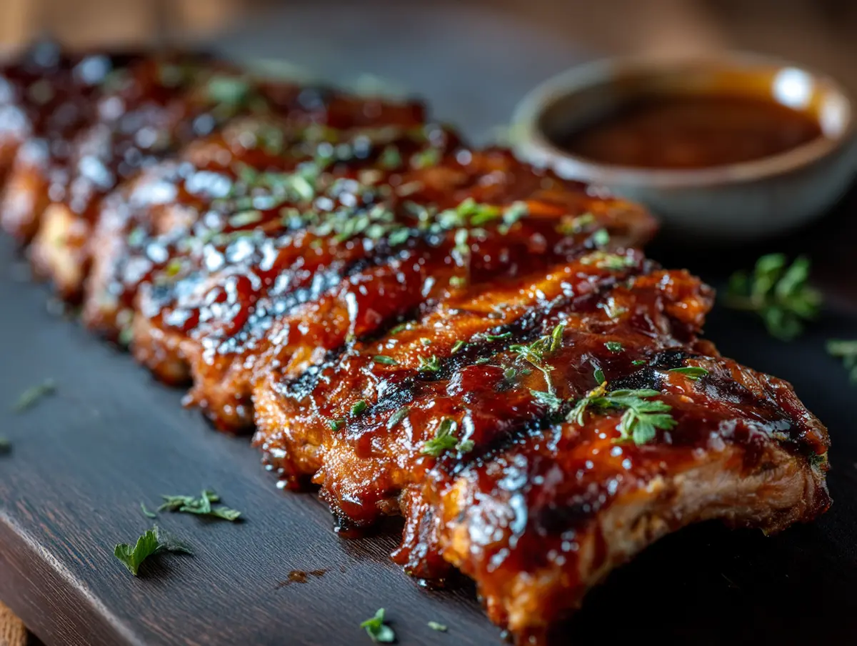 Best barbecue ribs ever with sticky caramelized BBQ glaze on a dark cutting board