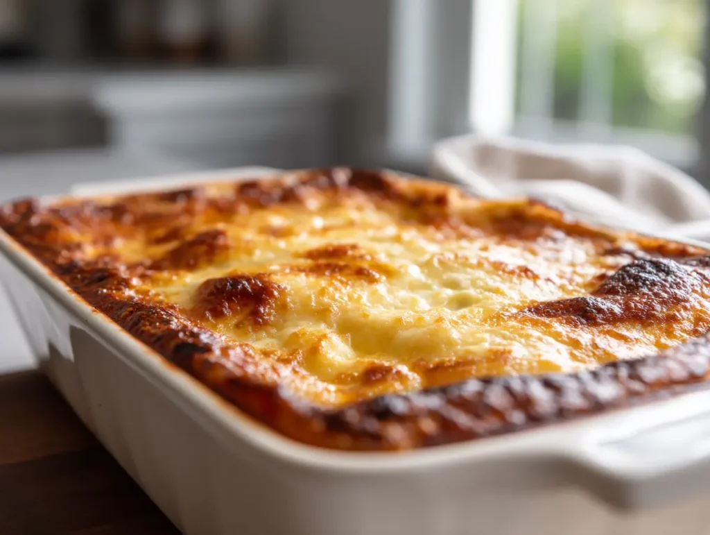 Golden bubbly Parmesan and mozzarella top crust on best homemade lasagna