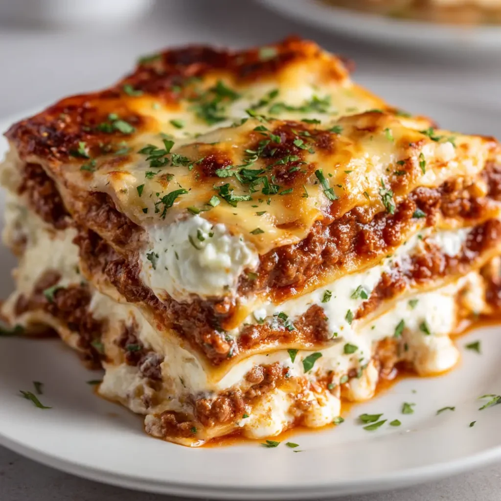 Single slice of best lasagna recipe showing three distinct cheese and meat sauce layers