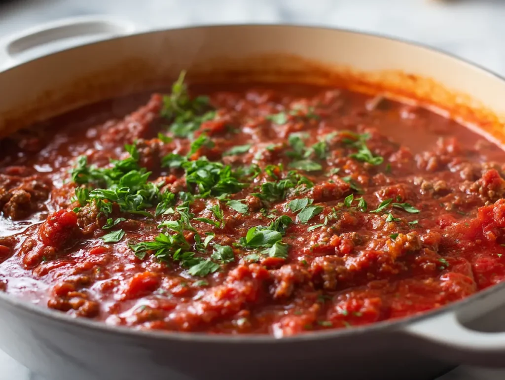 Simmering lasagna meat sauce with Italian sausage in Dutch oven