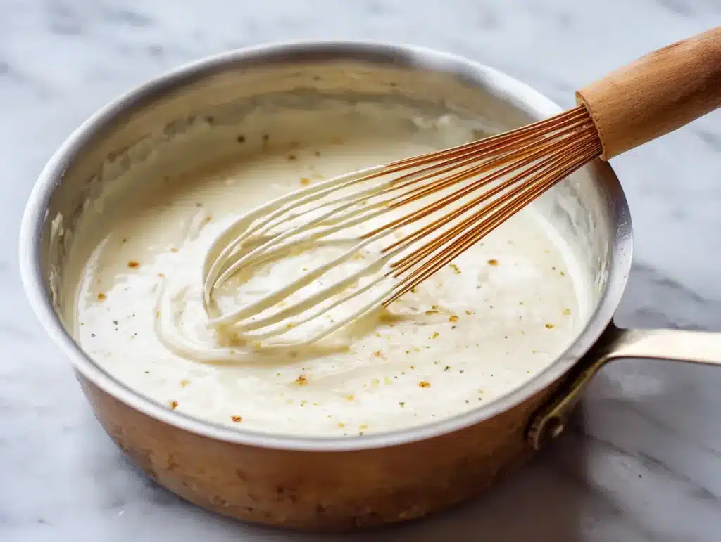Homemade béchamel white sauce for lasagna being whisked smooth