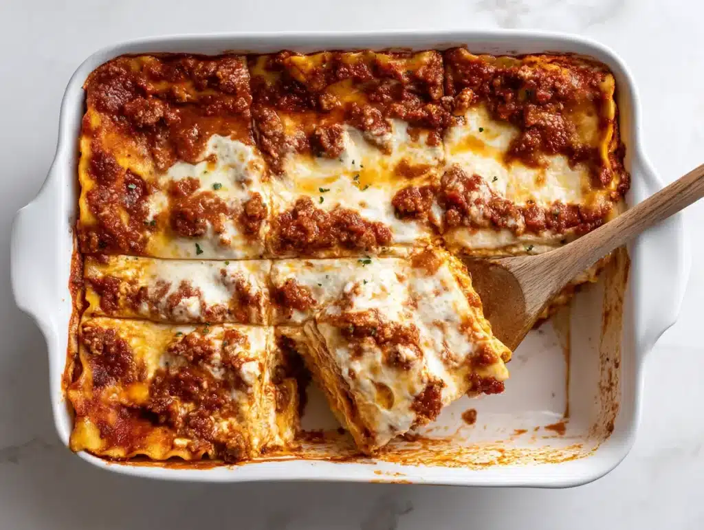 Layering noodles and meat sauce in 9x13 baking dish for homemade lasagna