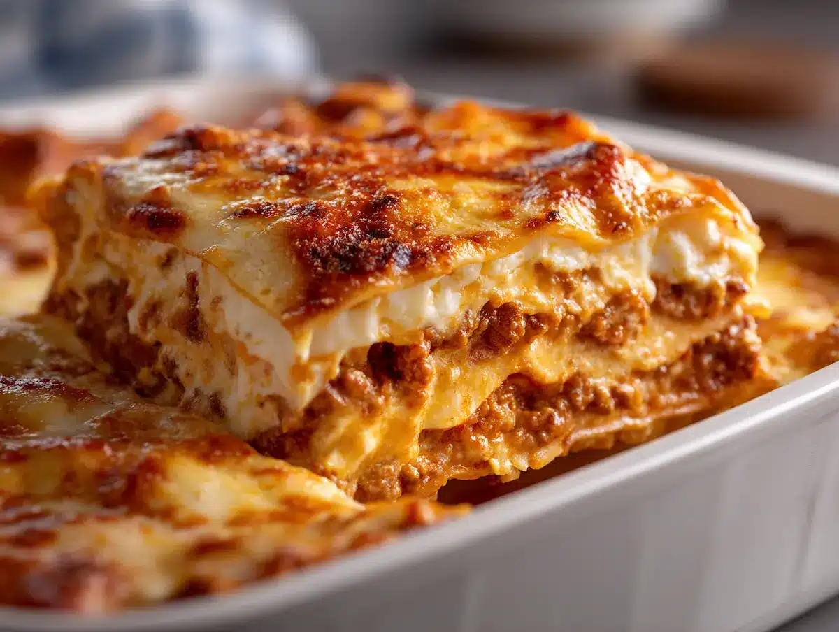Best lasagna recipe with ricotta meat sauce and three cheese layers in white baking dish