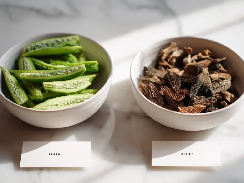 Fresh versus dried bitter melon side by side in white ceramic bowls for bitter melon tea recipe comparison