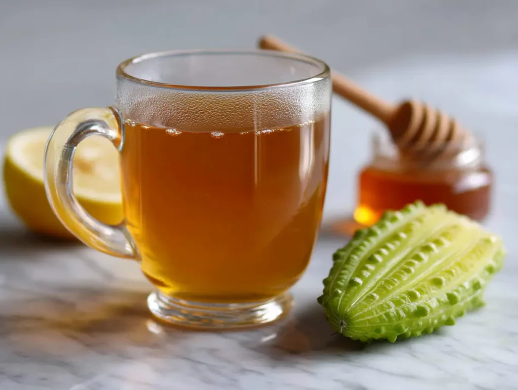 Finished bitter melon tea in clear glass mug with lemon wedge and honey jar on white marble