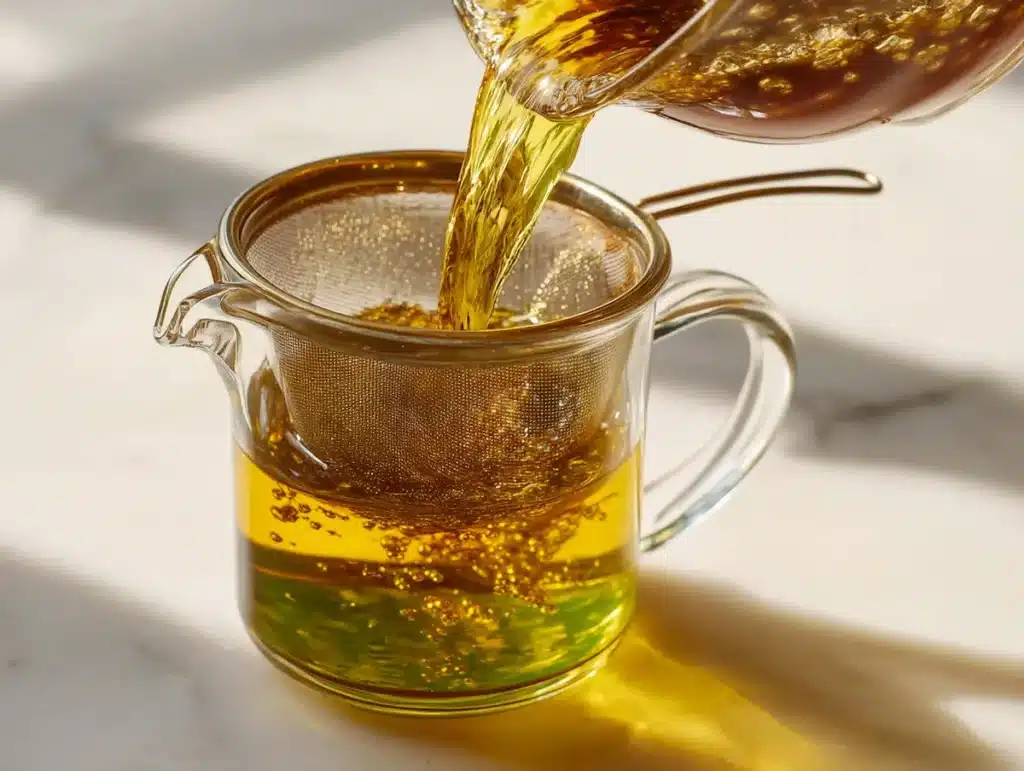 Straining bitter melon tea through fine mesh strainer into glass pitcher on white marble