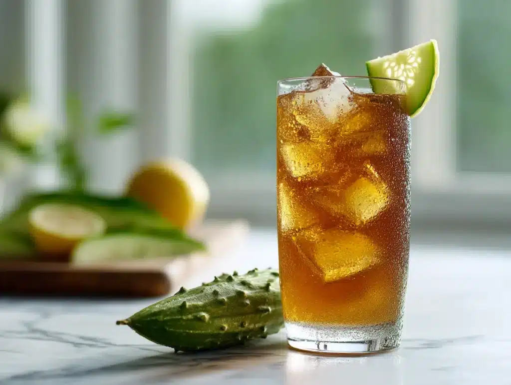 Iced bitter melon tea in tall glass with lemon and fresh bitter melon slice on white marble