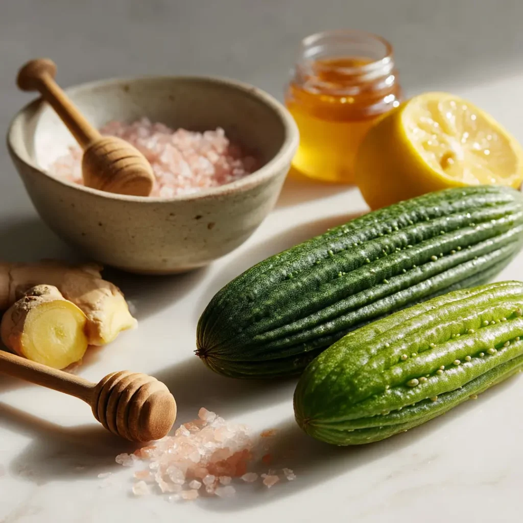 Bitter melon tea recipe ingredients on white marble including whole bitter melon ginger lemon sal and honey