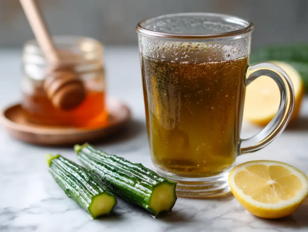 Clear mug of dark golden bitter melon tea with fresh bitter melon slices and lemon on white marble