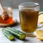 Clear mug of dark golden bitter melon tea with fresh bitter melon slices and lemon on white marble